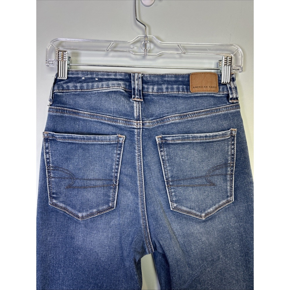 American Eagle Super Hi-Rise Flare Jeans Blue Stretch Denim Medium Wash Size 6 - Picture 8 of 14